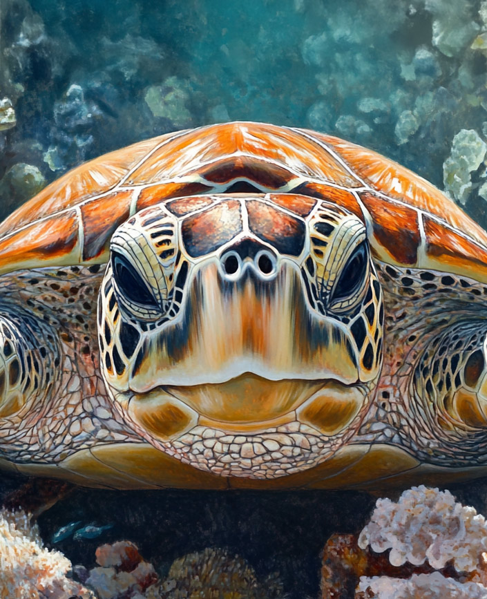 Hawksbill sea turtle in its natural coral reef habitat. The intricate details of its shell and hawk-like beak are highlighted, capturing the beauty of this magnificent species.